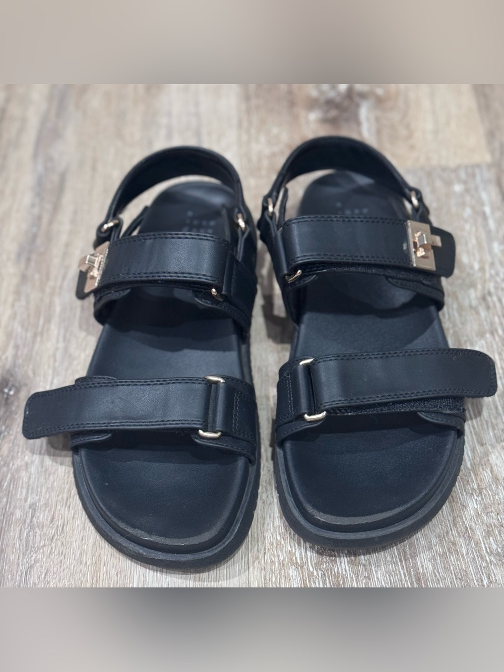 Women's Black Strap Sandals with Gold detail